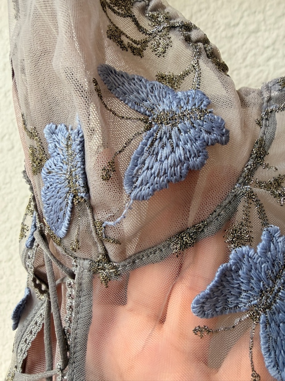 Sheer Butterfly Embroidered Bodysuit Lace Up Sides Gray Blue Mesh Lingerie Large - Picture 4 of 13